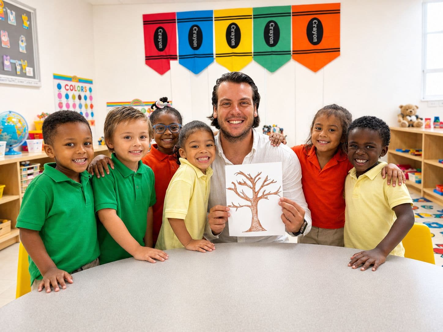 A smiling adult and six young children gathered around a table, holding up a child's drawing of a tree, in a classroom decorated with a colorful crayon banner